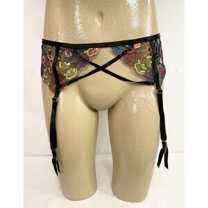 Oh La La Cheri Garter Belt Size XL X Large Black Multicolored Floral Embroidery
